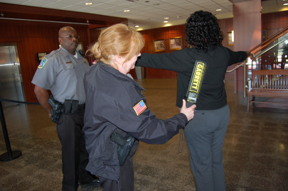Citizen being searched before courthouse entry