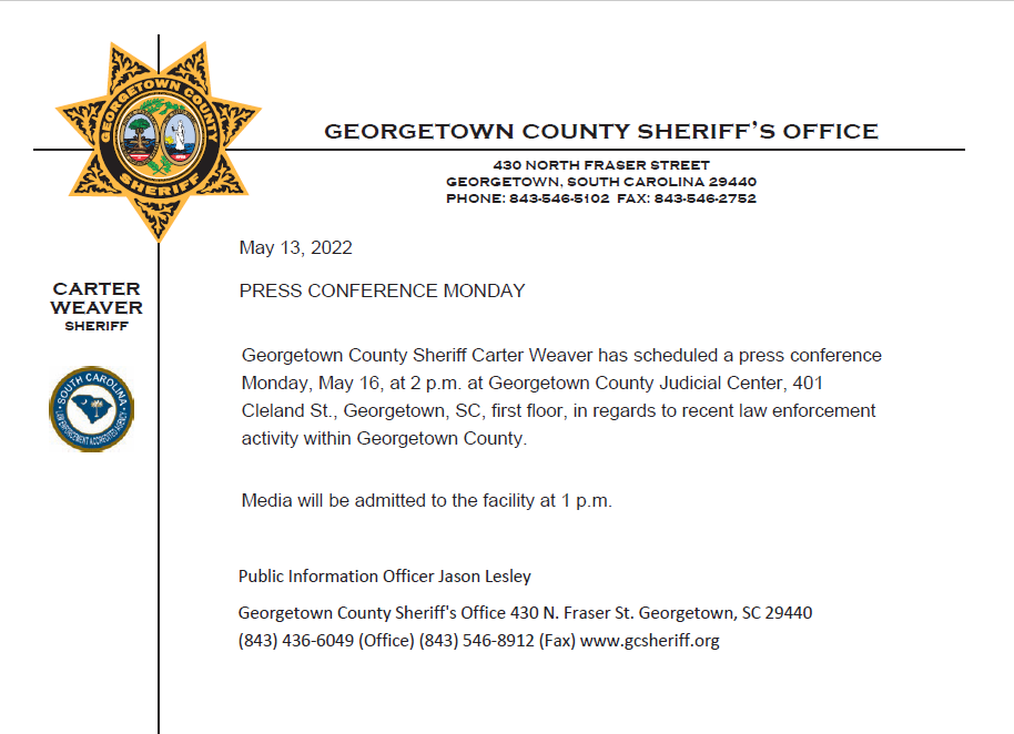 Sheriff Calls Press Conference for Monday 5.16.22